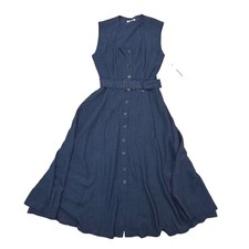 Calvin Klein Women Navy Blue Sleeveless Belted Button Front Midi Dress Size 4