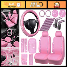 24 PCS Pink Bling Diamond Car Accessories Set, Leather Seat Covers, Steering Whe
