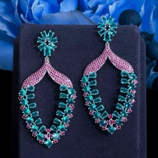 Women Statement Silver Plated Cubic Zirconia Large Eggplant Long Dangle Earrings