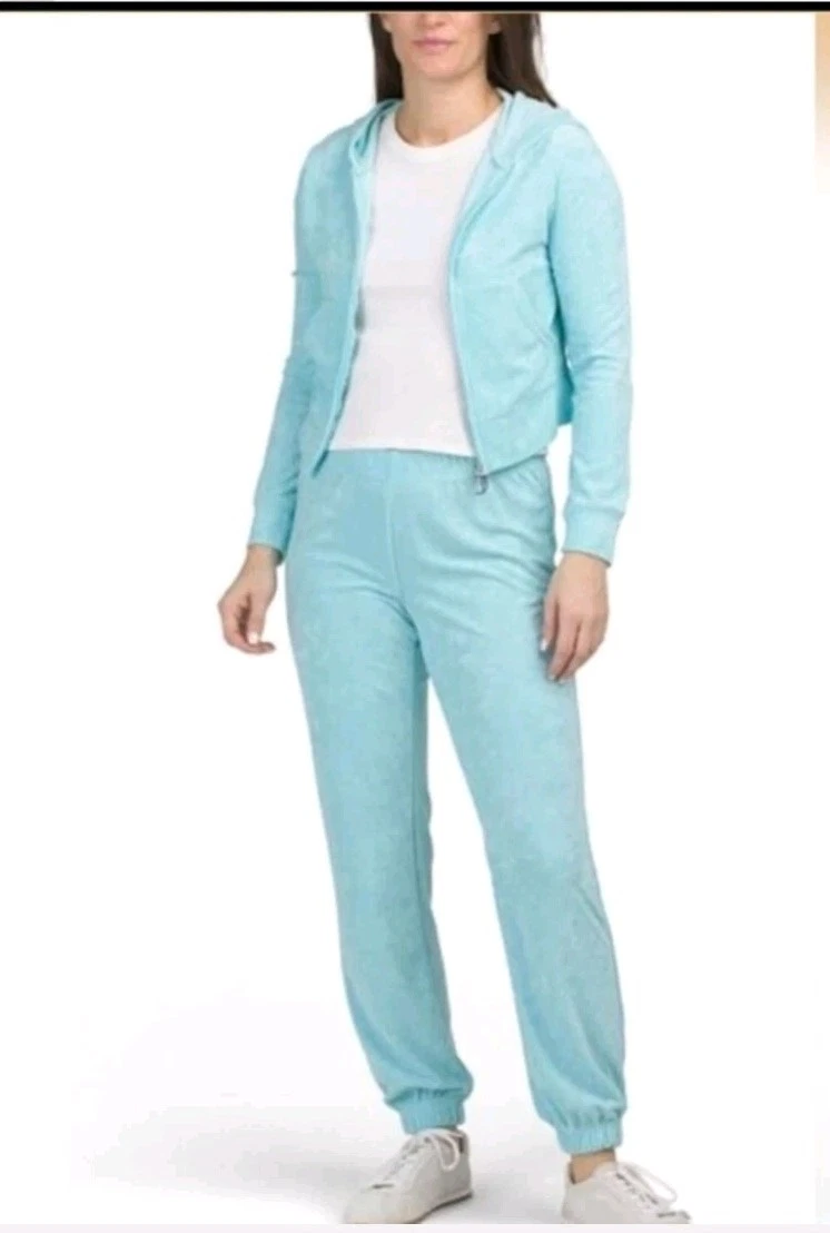 Juicy Couture Light Blue Lounge Wear French Terry Zip Up Hoodie & Pants Size L