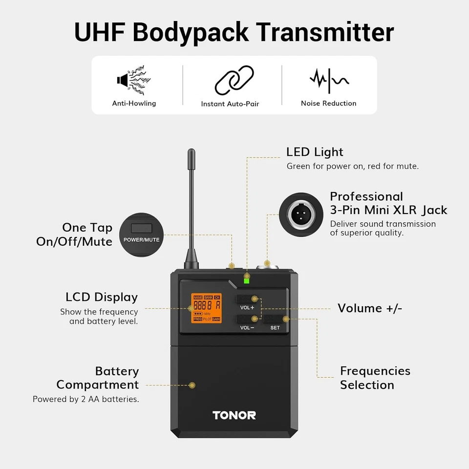 TONOR UHF Wireless Microphones System with Headset/Lavalier Lapel Mics, Black  - Image 4 of 4