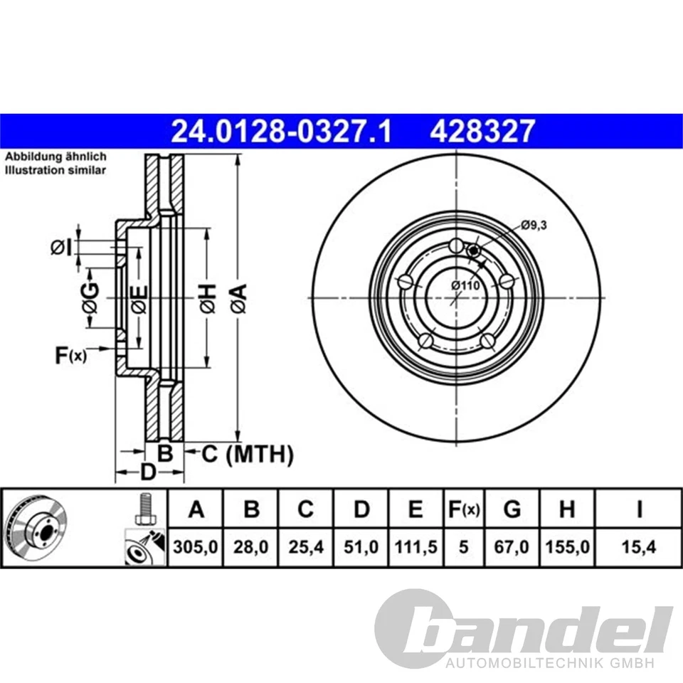 ATE Dischi Freno 305mm + Pastiglie Anteriori Adatto A per Mercedes Classe W177 - Immagine 2 di 4