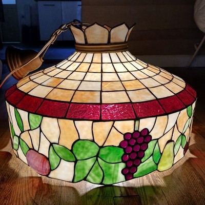 VTG 1970s Slag Stained Glass Hanging Ceiling Lamp Chandelier 24''x14.5'' Large