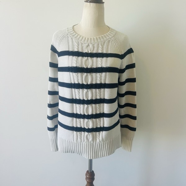 Sportscraft Cable Knit Striped Sweater Jumper Size S Wool Cotton Blend Fisherman