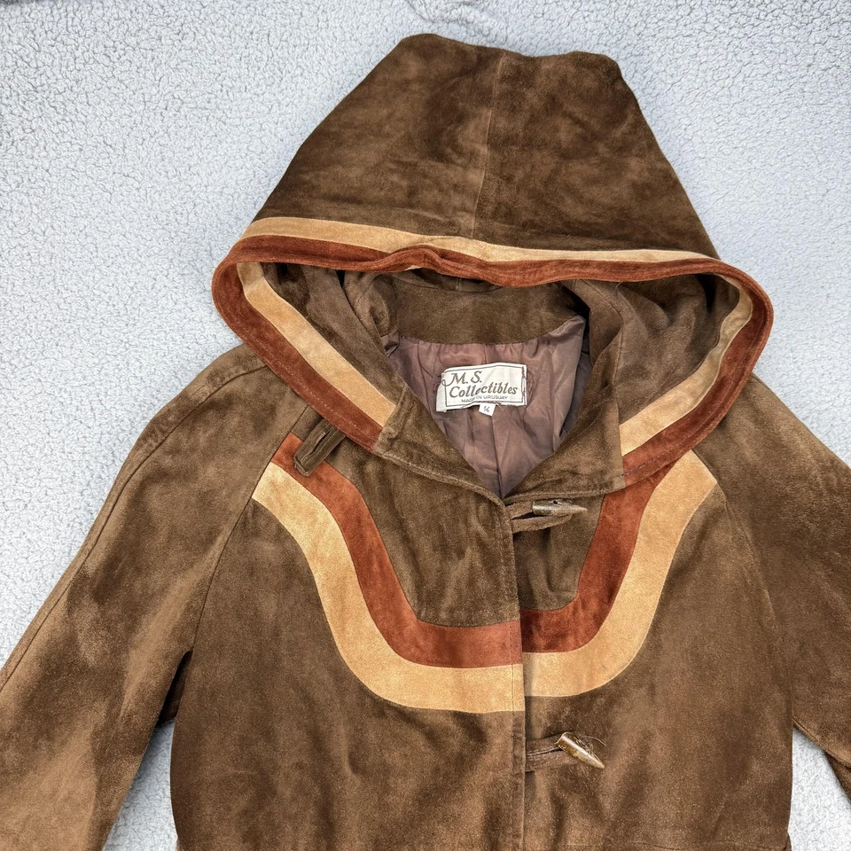 Abrigo con capucha de gamuza vintage M S coleccionables para mujer 14 cinturones longitud completa años 70 80 Foto 3 de 4