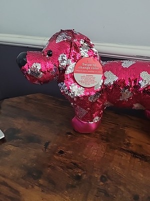 Valentine Swipe Change Color Pink & Black Sequined Dachshund Dog Plush Toy NWT 