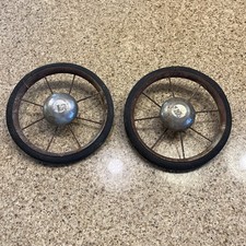 2 Vintage Metal Spoke Wheels W/ Hard Rubber Tires Buggy / Cart / Carriage