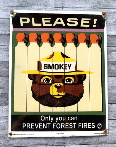 VINTAGE 12x9.5" PLEASE! HELP SMOKEY PREVENT FOREST FIRES PORCELAIN GAS OIL SIGN