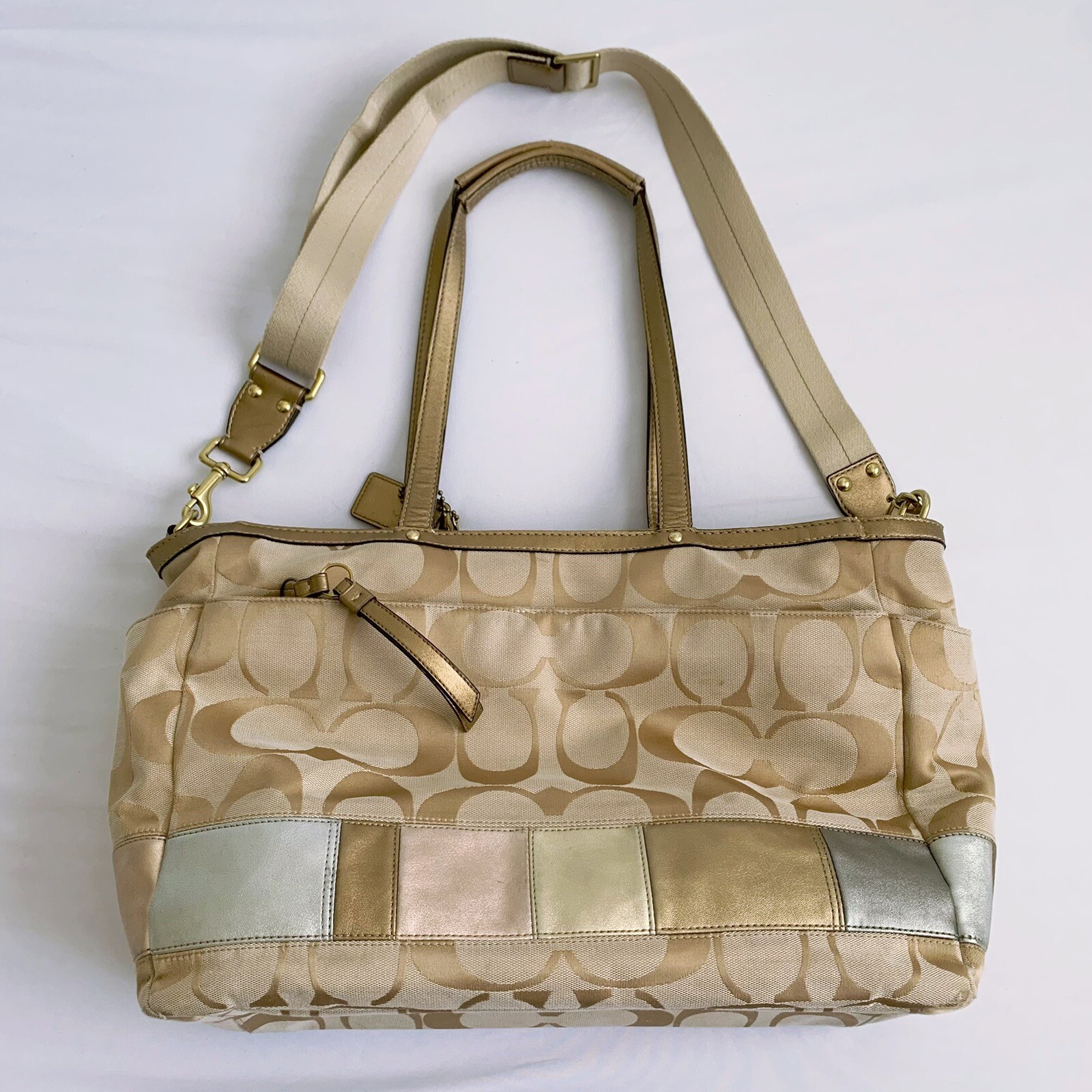 COACH Signature Stripe Gold Bronze Diaper Bag Gem