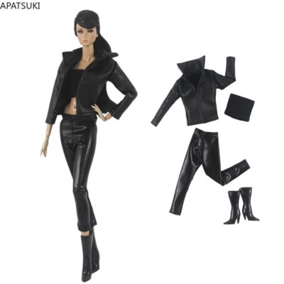 Schwarzes Leder Kleidungsset für Barbie Puppe Outfit Mode Jacke Top Hose Stiefel