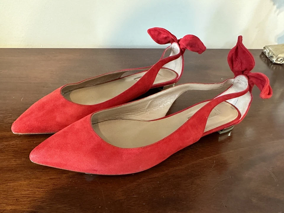 Aquazzura Ladies Bow Tie Red Suede Ballet Flats Sz 37 - No Box Tried On In Store - Image 4 of 4
