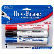BAZIC Assorted Color Chisel Tip Dry-Erase Markers (3/Pack) 1 Pack, Total 3 Pcs