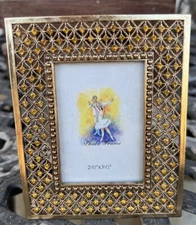 Gold Tone Metal Argyle Bejeweled Citrine Free Standing Picture Frame 2.5 X 3.5