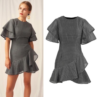 Keepsake Black White Check Layered Ruffle Eclipse Mini Dress Size Medium 