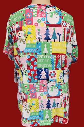 Womens Scrub Top Butter-Soft UA Polyester Stretch Christmas Snowmen Holiday - Picture 3 of 3