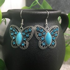 1.5  Silver-tone Earring Set Butterfly Blue Rhinestone Dangle New A1004