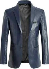 Handmade Stylish Party Formal Blue Men's Genuine Lambskin Leather Blazer Coat