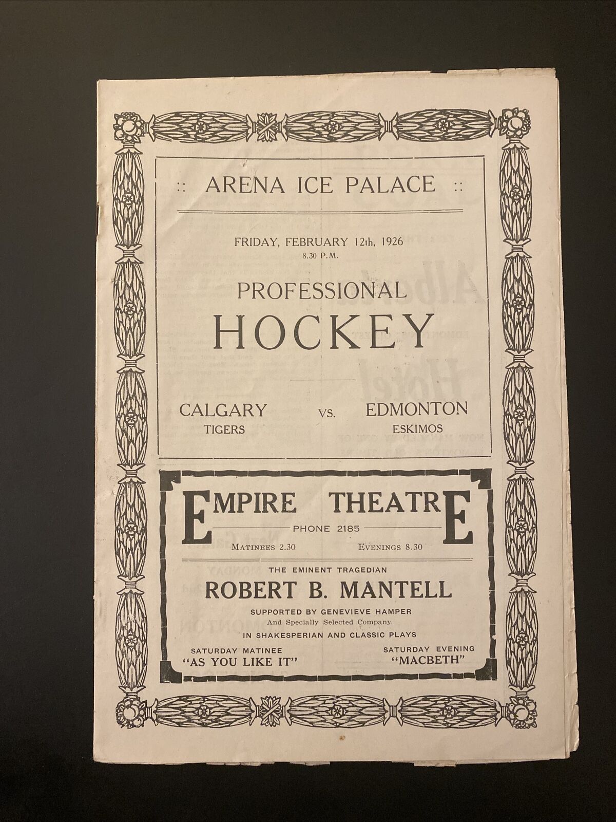1926 【正規販売店】 Calgary Tigers vs Edmonton Hockey Eskimos 74%OFF Program WHL