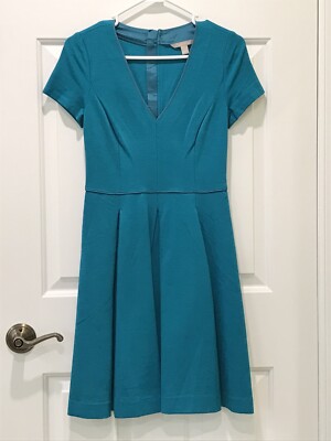 Banana Republic 0 XS Womens Pleated Fit Flare Dress Green Blue Short Sleeve  EUC