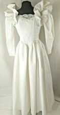 VTG Wedding Dress Cream Womens sz 3/4 Gown LaceTrim Ruffles Bow PuffSleeves USA