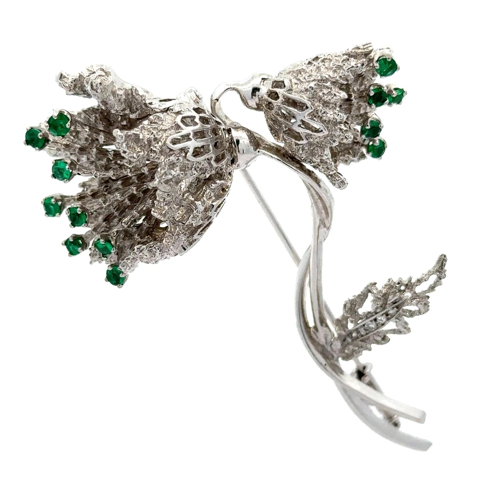 Vintage Solid White Gold Emerald & Diamond En Tremblant Flower Pin Brooch - Image 2 of 4