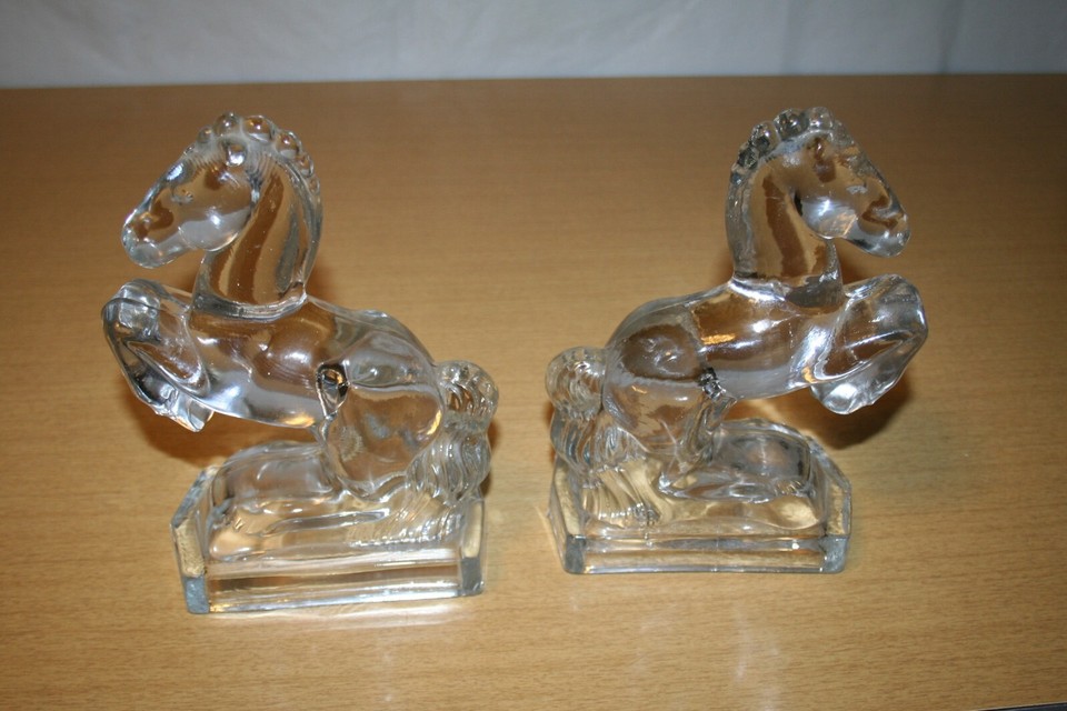 Pair of Clear Glass Rearing Horse Bookends LE Smith A2 eBay