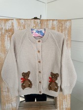 Vintage Hand Knit Kids Teddy Bear Cardigan Sweater Cream Beige New
