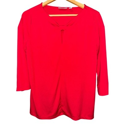 Susan Graver Liquid Knit Top Red M 3/4 Stretch Sleeves No Iron Office Work