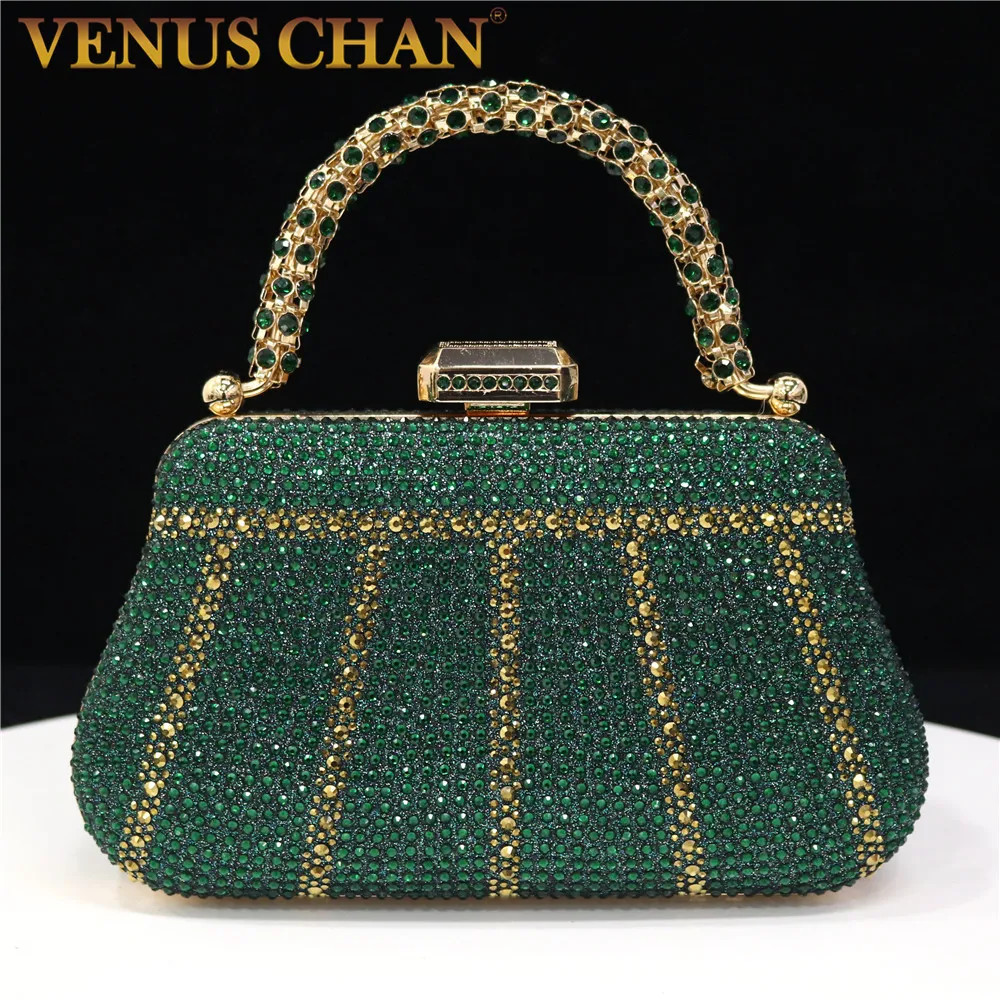 Bolso sin asas de noche con estrás para mujer Bolso de mano de fiesta de cristal brillante con cadena