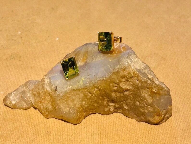 Natürlich Smaragdschliff Peridot Und Diamanten 14k Gelb Gold Ohrstecker Damen E7 - Bild 4 von 4