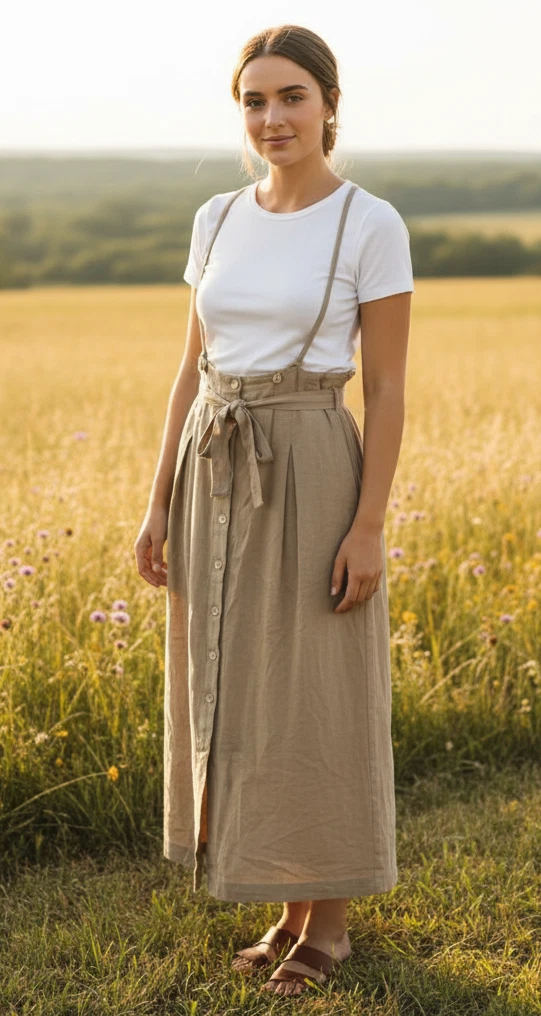 Free Wear Jonathan Hoenscheidt linen blend suspender button front midi skirt L