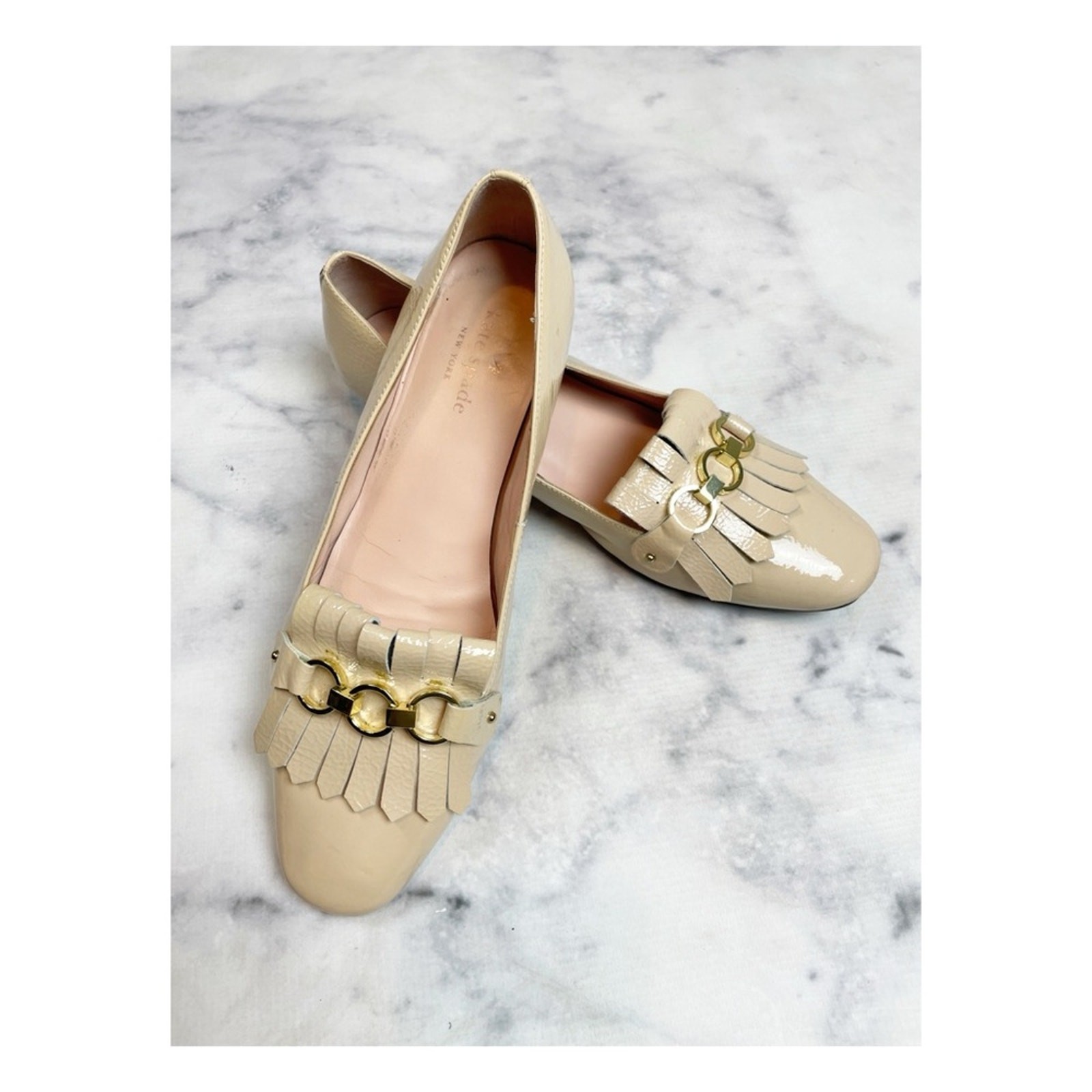 Kate Spade Brie Nude Patent Leather Kiltie Fringe Loafer Flats Classic Sz 7.5