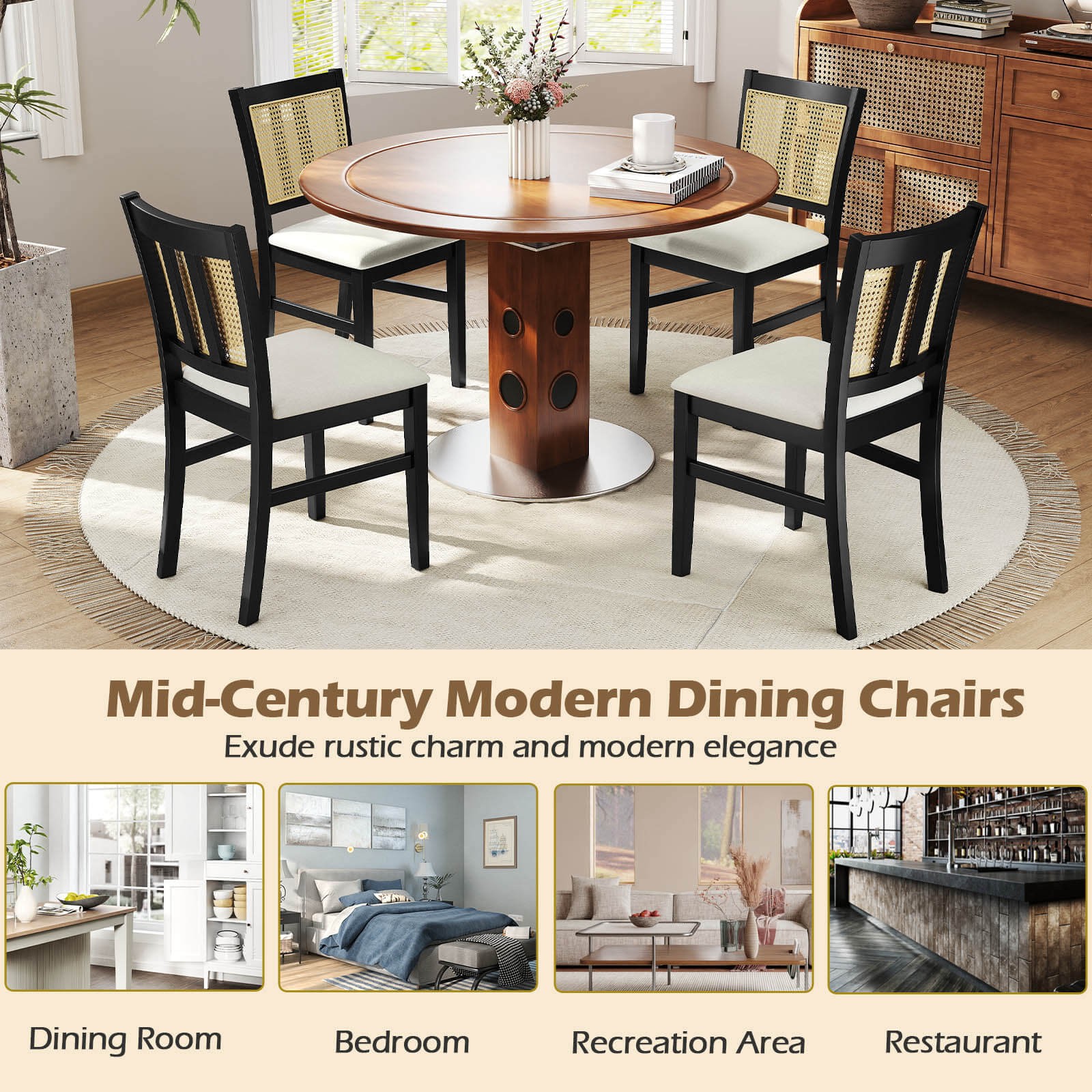 Farmhouse Rattan Dining Chair Set of 2 Fabric Upholstered Kitchen Chairs