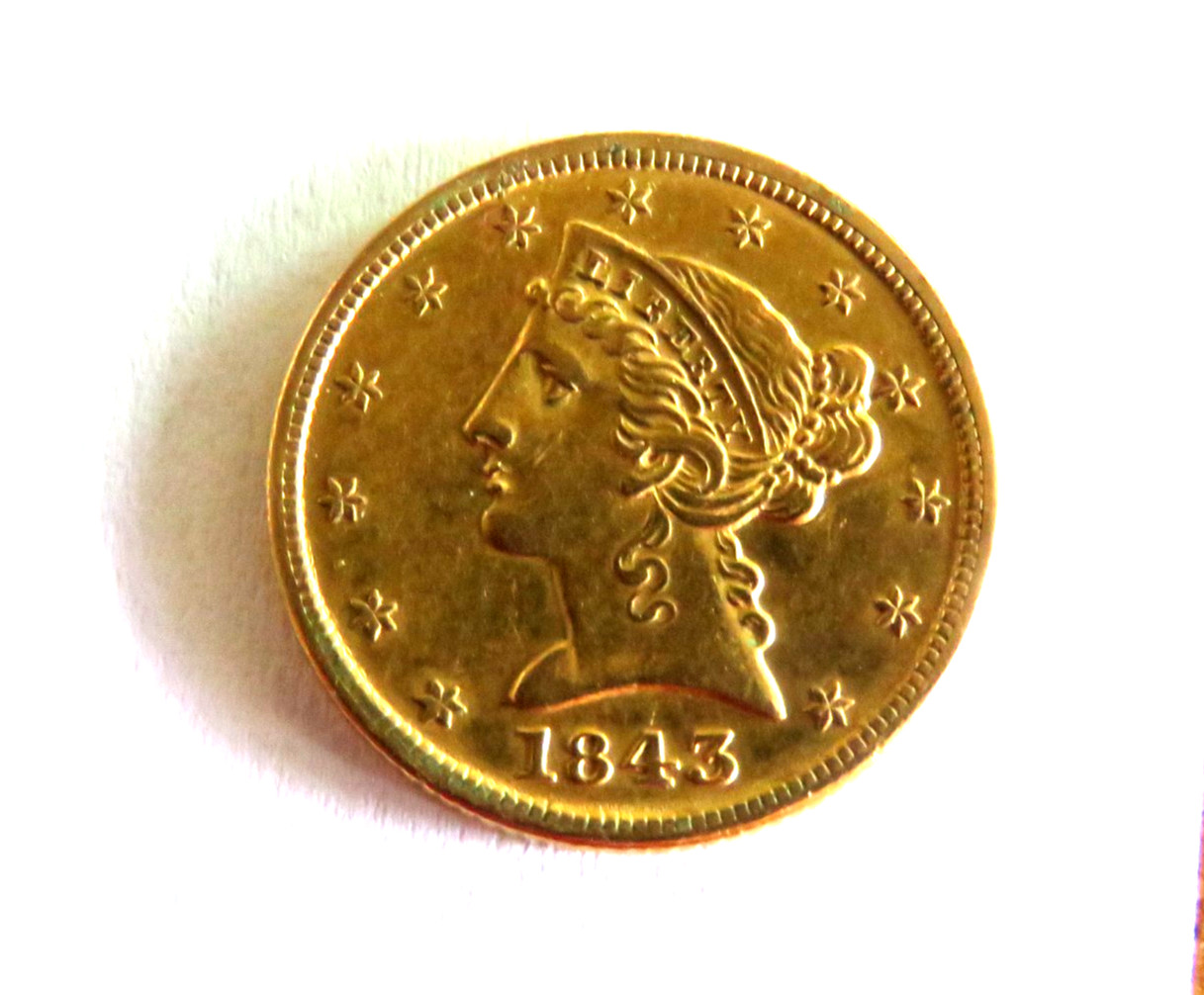 High Grade AU+/UNC 1843 Liberty $5 United States Gold Coin R2