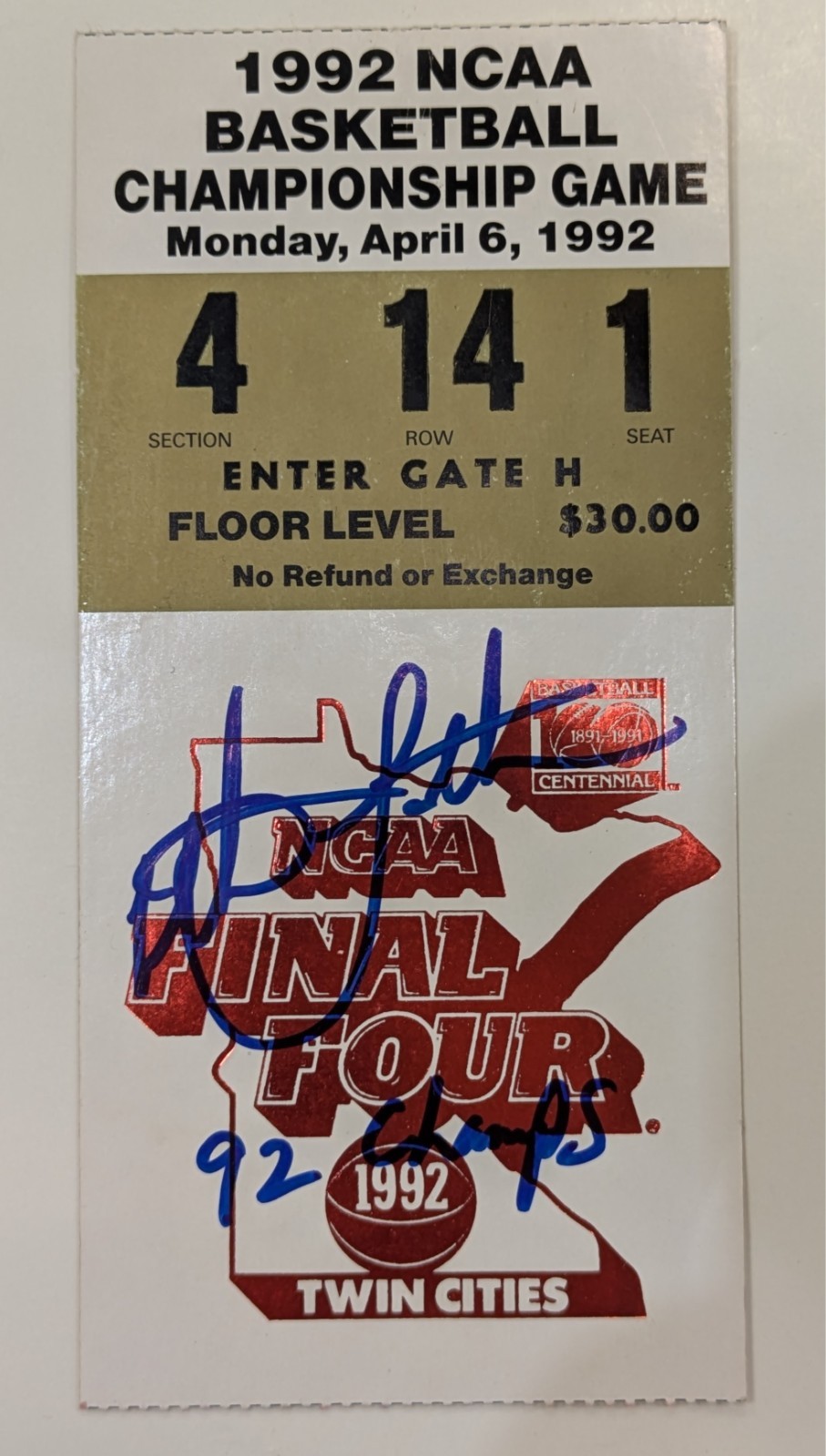 Christian Laettner Autographed Signed Duke Blue Devils & Inscribed 1992 NCAA Championship Ticket Stub 