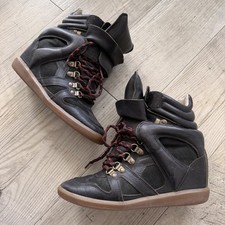 Authentic Isabel Marant Wedge Sneakers In Black Leather with Red Laces Size 38