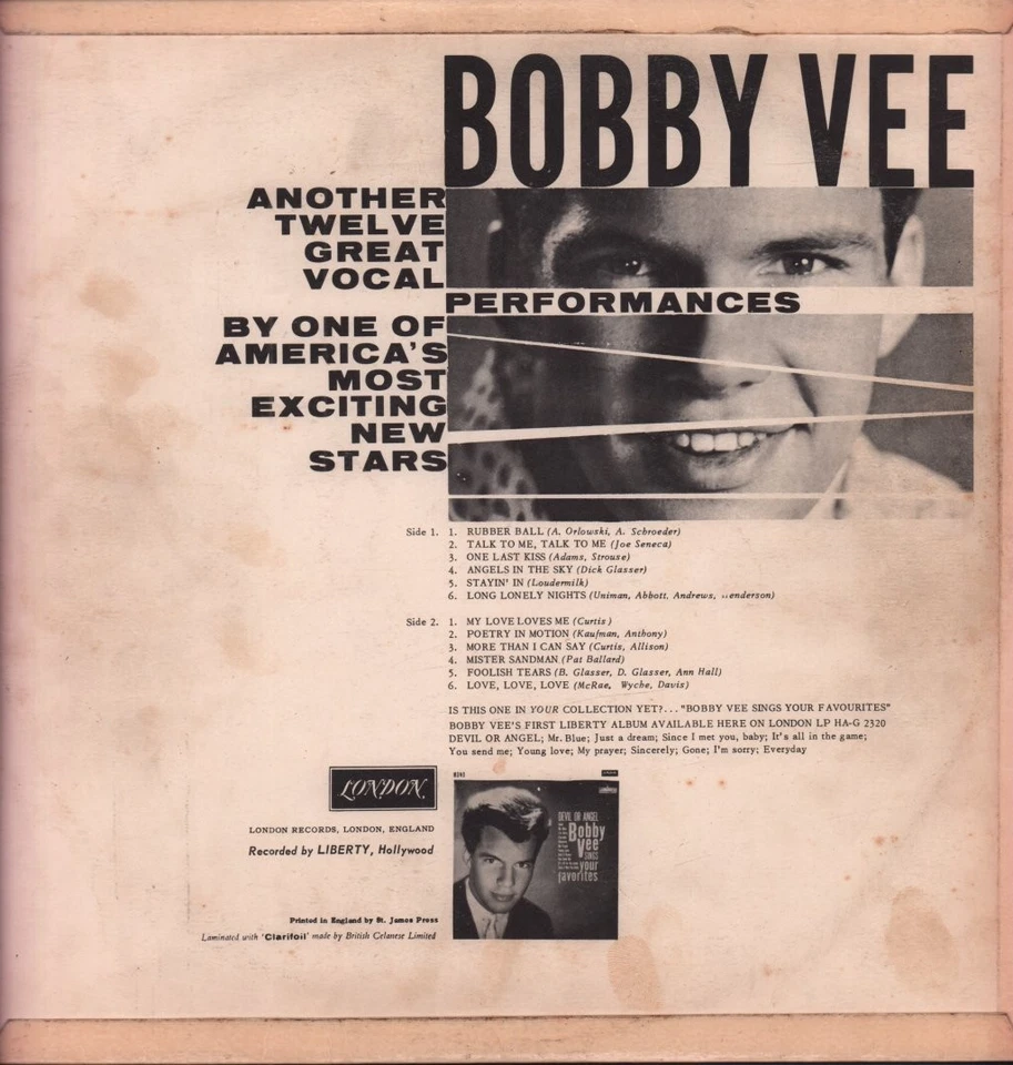 Bobby Vee Self-Titled LP vinyl UK London 1961 mono pressing HAG2352 - Image 2 of 3