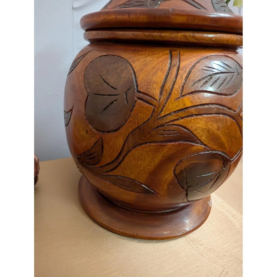 Tarro de madera tallado vintage con tapa caja de baratijas boticario contenedor de almacenamiento decoración Foto 3 de 4