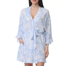 Splendid L / XL Kimono Robe Blue & White Floral Wrap Rubble Trim Sleeve Pajama
