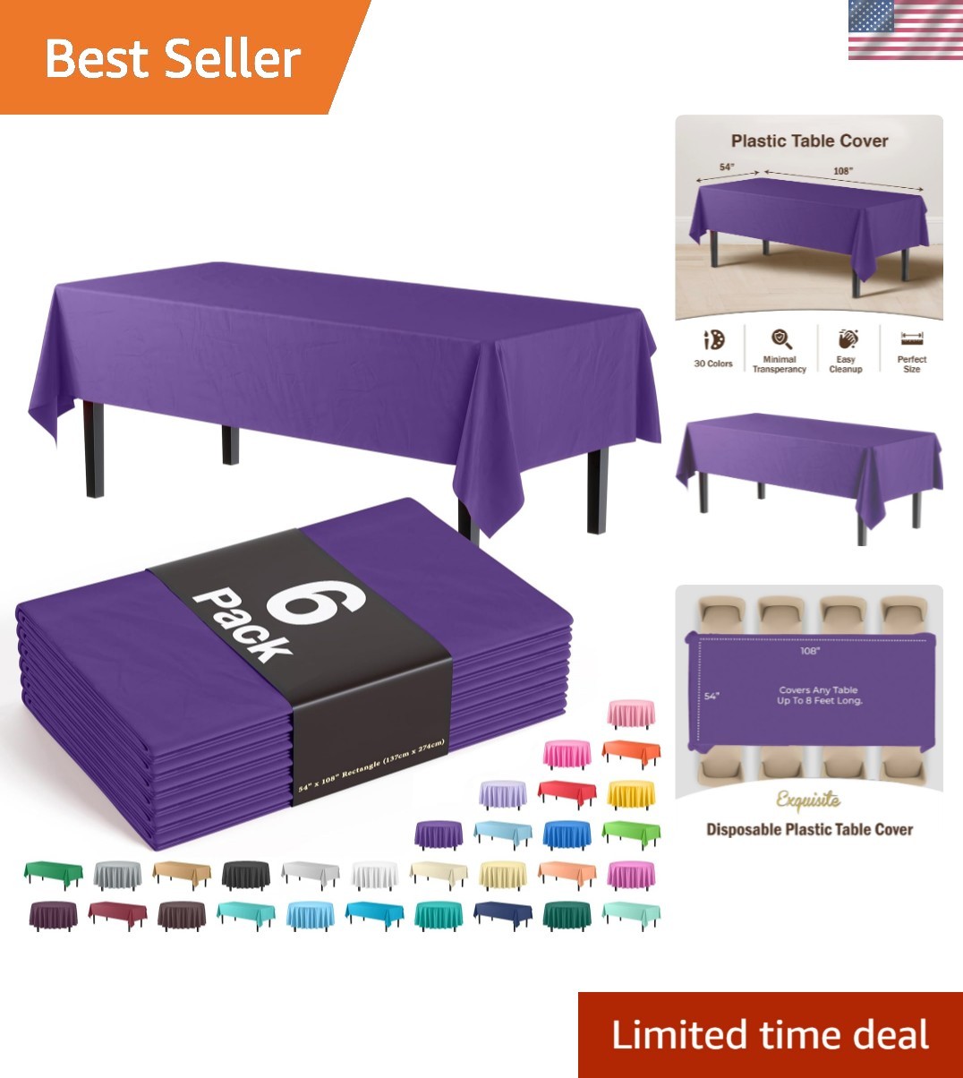 Exquisite 6-Pack  Plastic Tablecloth 54in. x 108in. Rectangl
