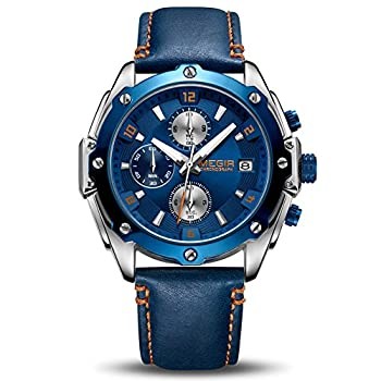 MEGIR Herren Quarz Chronograph Uhr Blau Lederband Gebraucht Aus Japan