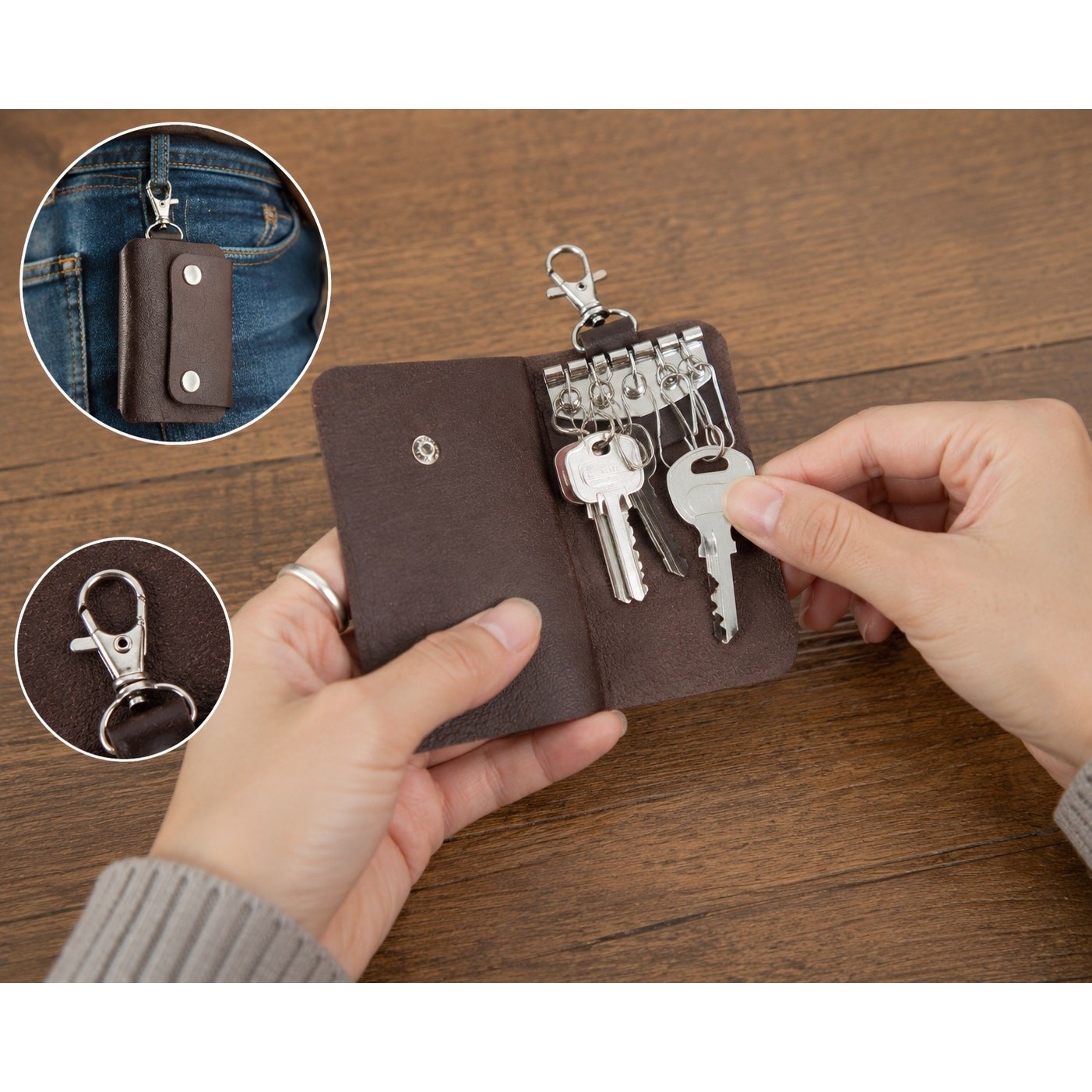 Brown Leather 6 Hook Key Holder Organizer Case Snap Closure Belt Clip Keychain