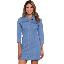 INSPIRE CHIC Women's 3/4 Sleeve Button Down Denim Shirt Dress Small Sky