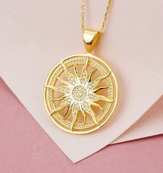 Sunburst Sun Pendant In 14K Yellow Gold Plated 1Ct Round Cut Simulated Diamond