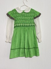 POLLY FLINDERS HAND SMOCKED DRESS Girls 5 Green Floral Peter Collar Long Sleeve