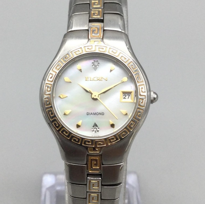Elgin Watch Womens 25mm Two-Tone MOP Date Diamond Greek Key New