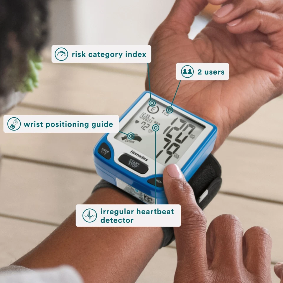 Monitor automático de presión arterial de muñeca Homedics con tecnología Smart Measure Foto 2 de 4