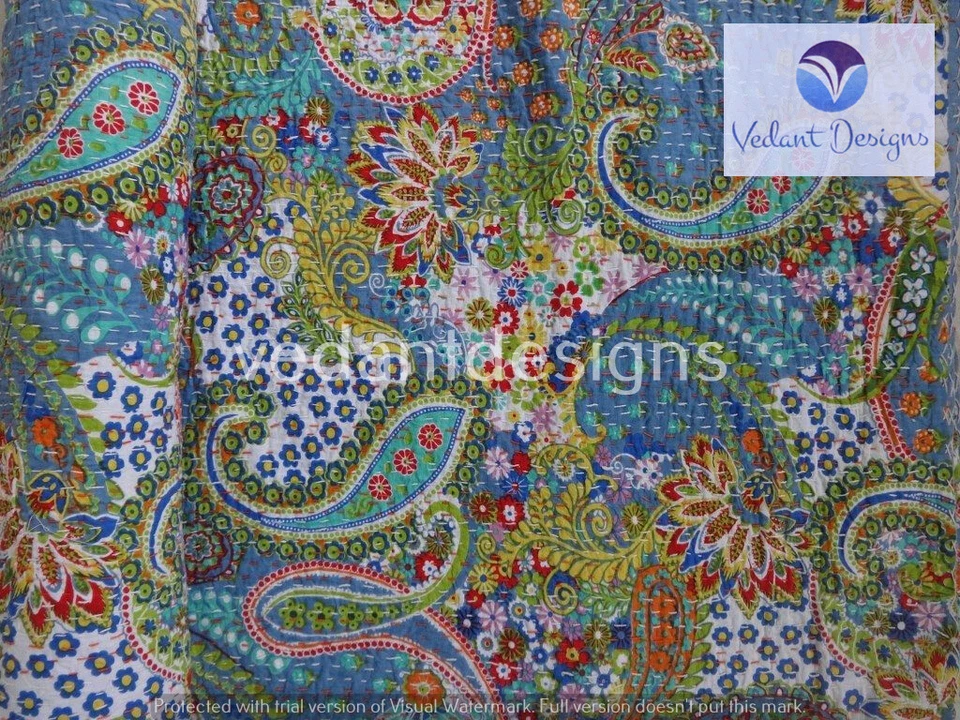 Edredón Kantha reversible indio estampado cachemir azul manta doble arte Foto 4 de 4