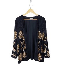 Frank Usher Womens Black And Gold 100% Silk Embellished Sequin Jacket Size Large