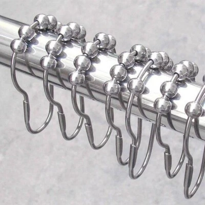 NAVITROEY 12PCs Shower Curtain Rings Hooks Metal Pole Rail Guide Hanger Bathroom UK